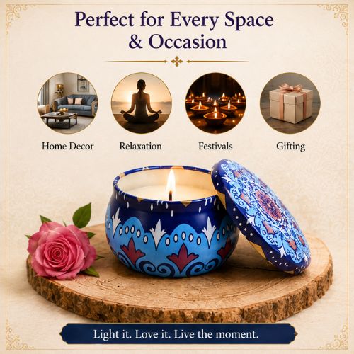 Mandala Tin Set Pack of 2 Scented Decorative Candles | Premium Soy Wax Aromatherapy Candles in Printed Metal Tin Jars | Long Lasting Fragrance for Home Décor, Meditation, Diwali, Festive Gifting & Relaxation - Image 4