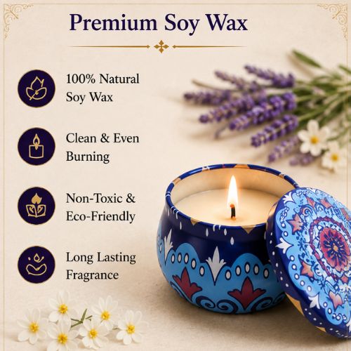 Mandala Tin Set Pack of 2 Scented Decorative Candles | Premium Soy Wax Aromatherapy Candles in Printed Metal Tin Jars | Long Lasting Fragrance for Home Décor, Meditation, Diwali, Festive Gifting & Relaxation - Image 6