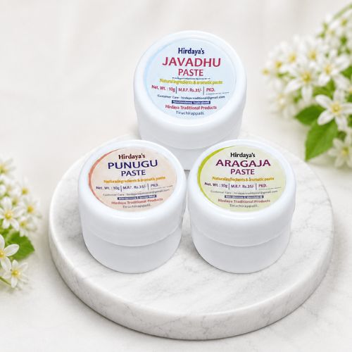 Traditional Javadhu Paste, Aragaja Paste & Punugu Paste Combo Pack (10g Each) | Long Lasting Natural Fragrance | Alcohol Free Temple & Daily Use Perfume Paste for Men & Women | Pack of 3