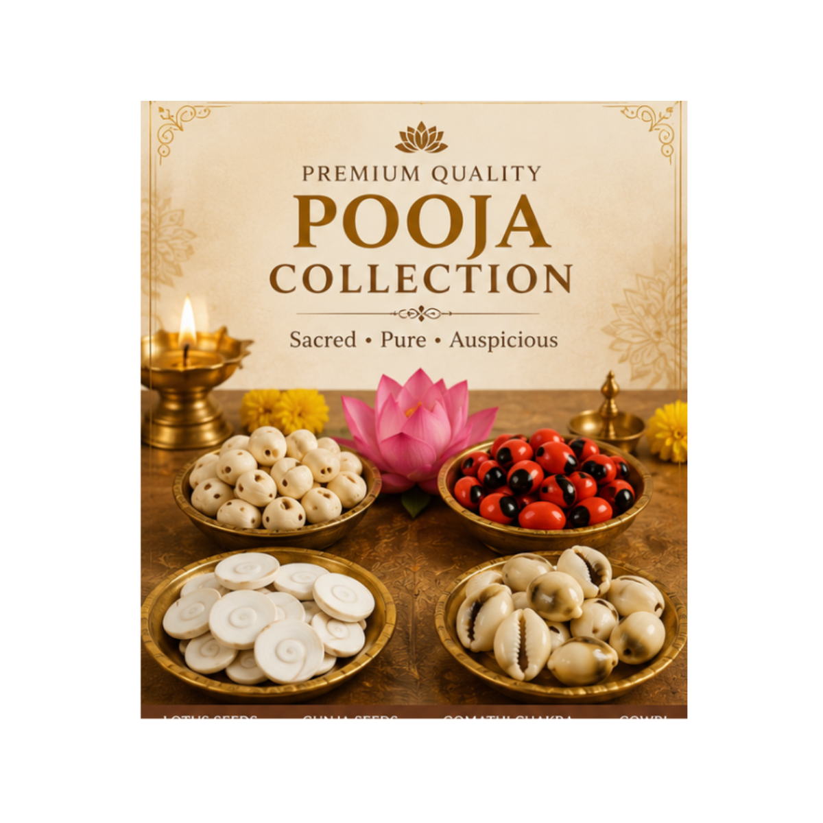 Premium Pooja Collection Combo – Lotus Seeds (Kamal Gatta), Gomathi Chakra, Cowrie Shells & Gunja Seeds | Sacred Pooja Essentials for Lakshmi Pooja, Vastu, Havan & Spiritual Rituals pack of 4*11=44 pcs