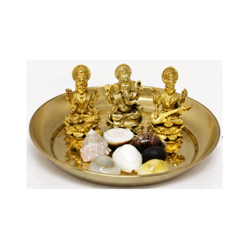 HIRDAYA Brass Pooja Thali with Lakshmi, Ganapathi & Saraswathi Idols and Sacred Shells | Auspicious Hindu God Idols for Home Temple, Pooja Room, Office & Gifting