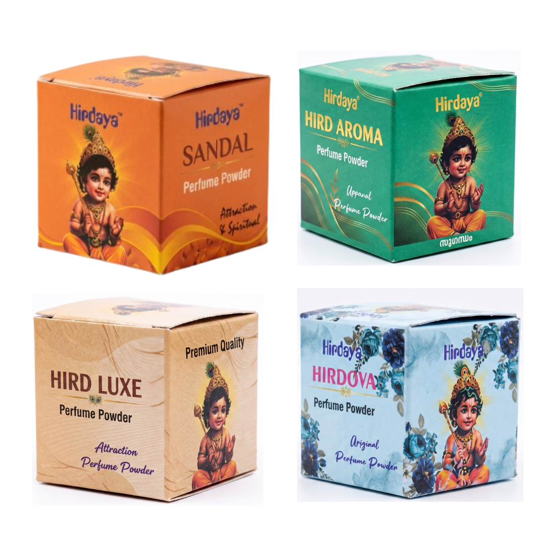 Hirdaya Perfume Powder Combo Pack of 4 | Hird Aroma, Hirdova, Hird Luxe, Sandal Perfume Powder for Apparel use  | 4 x 2g | 8g
