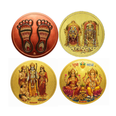 Round Gold Plated Venkateswara / Krishna Paatham / Ganesha-Lakshmi / Rama-Sita Self Adhesive Sticker Combo for Car, Bike, Home & Pooja Room | Waterproof Devotional Gold Sticker Set