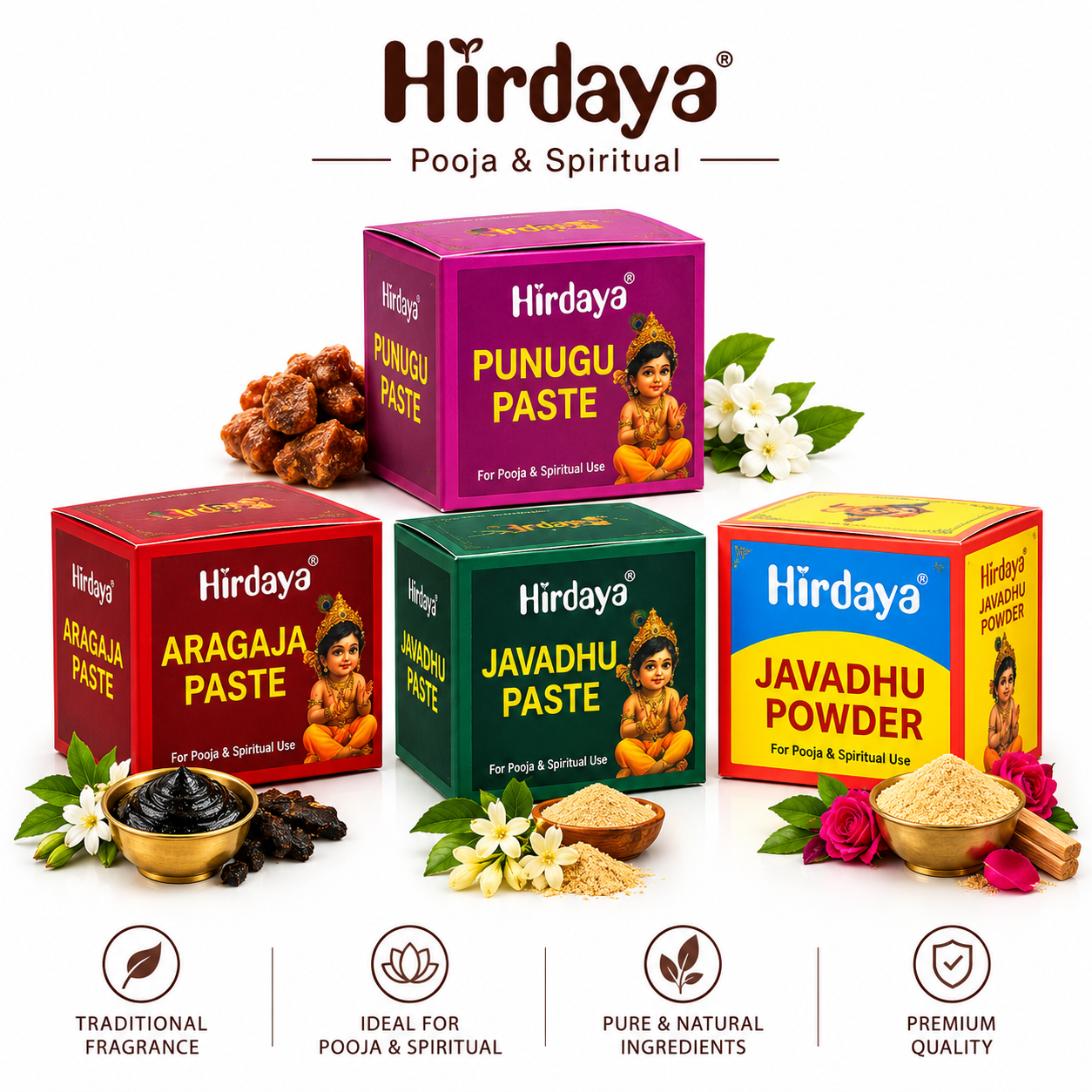 Javadhu Paste / Arakaja Paste / Punugu Paste & Javadhu powder Combo Pack (4*2g ) – Spiritual Fragrance for Daily Pooja & Temple Use