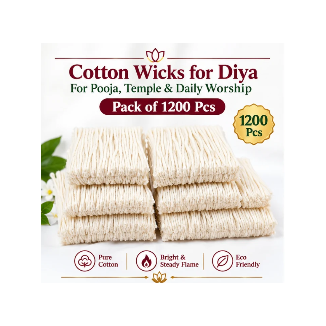 Cotton Diya Wicks for Temple – Pack of 1200 Pcs | Cotton Oil Lamp Wicks for Pooja, Daily Worship, Home Temple and Religious Festivals