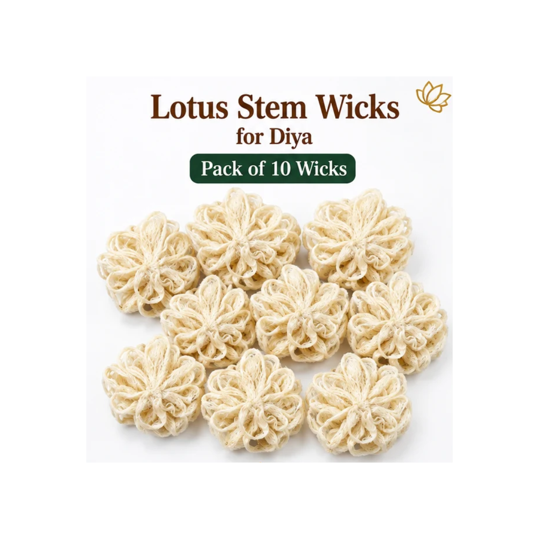 Lotus Stem Wicks for Diya – Pack of 10 Natural Lotus Wicks for Pooja, Prayer, Temple and Daily Worship