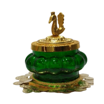 Hirdaya Kubera Glass Pot – Decorative Green Glass Pooja Container with Golden Swan Lid | Traditional Gift for Wealth & Prosperity | South Indian Divine Decor